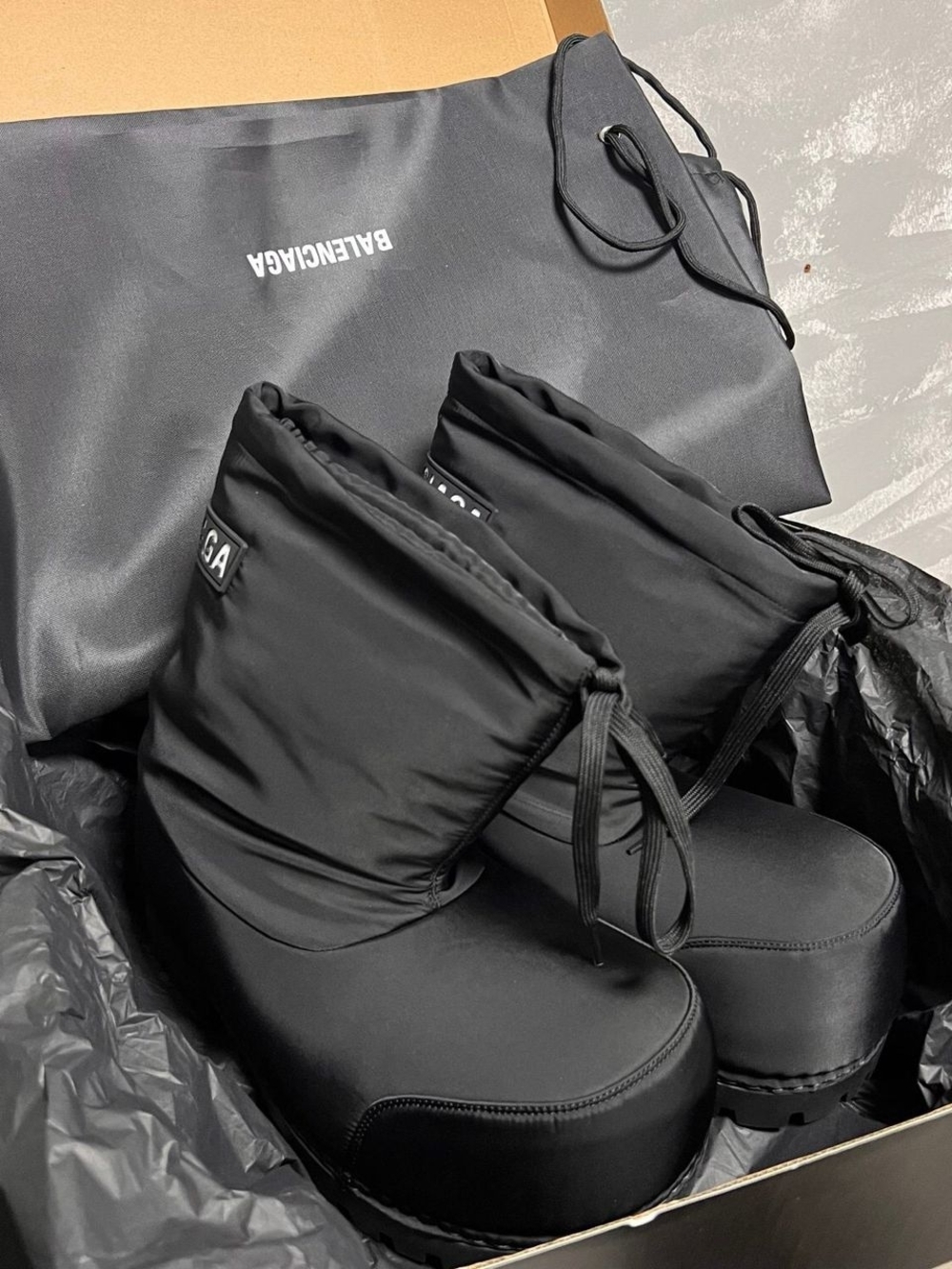 Balenciaga Black Padded Platform Boots with Drawstring Cuffs